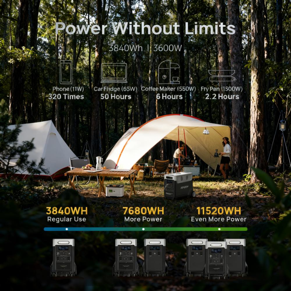 Expandable 3840Wh Power Station, 3600W Output, LiFePO4 & Solar Ready